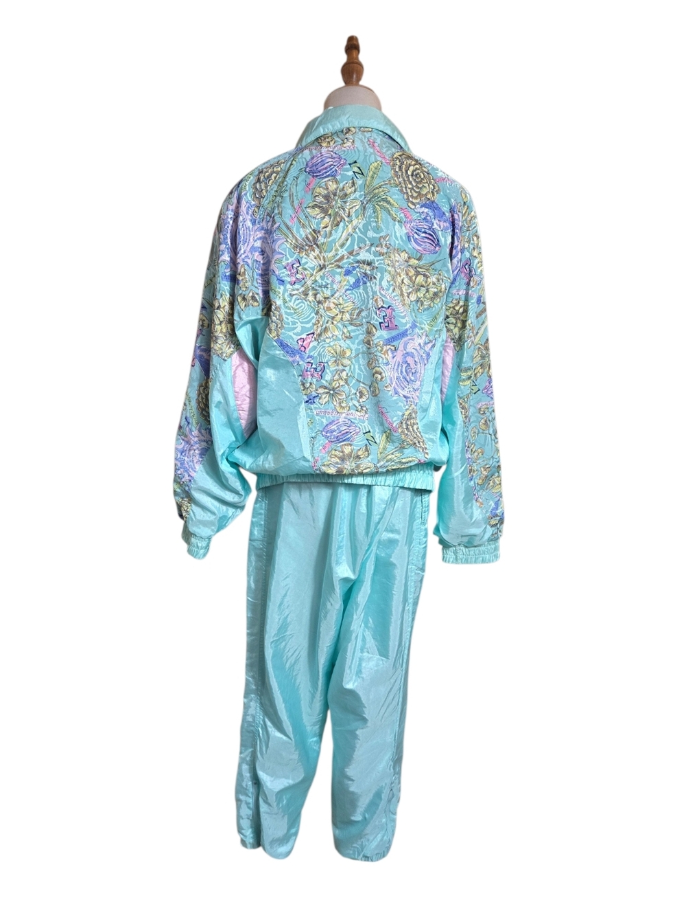 Clipper Bay Vintage Grandma Aqua Pastel Floral Track Suit Jacket & Pants - Picture 5 of 11